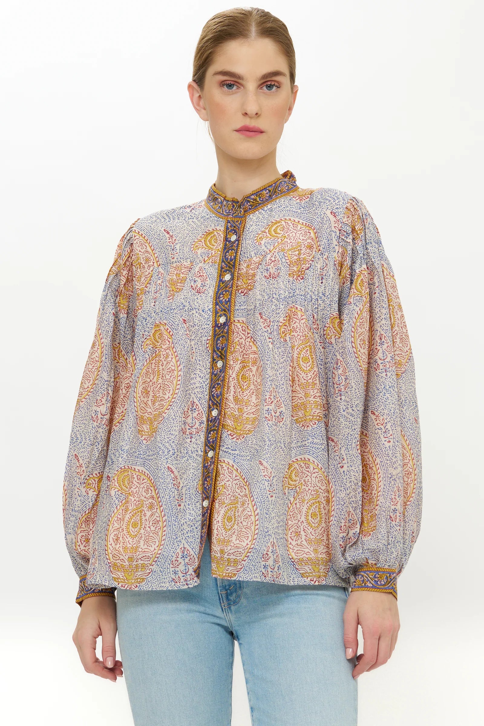 Mandarin Pintuck Blouse, Samode Cobalt