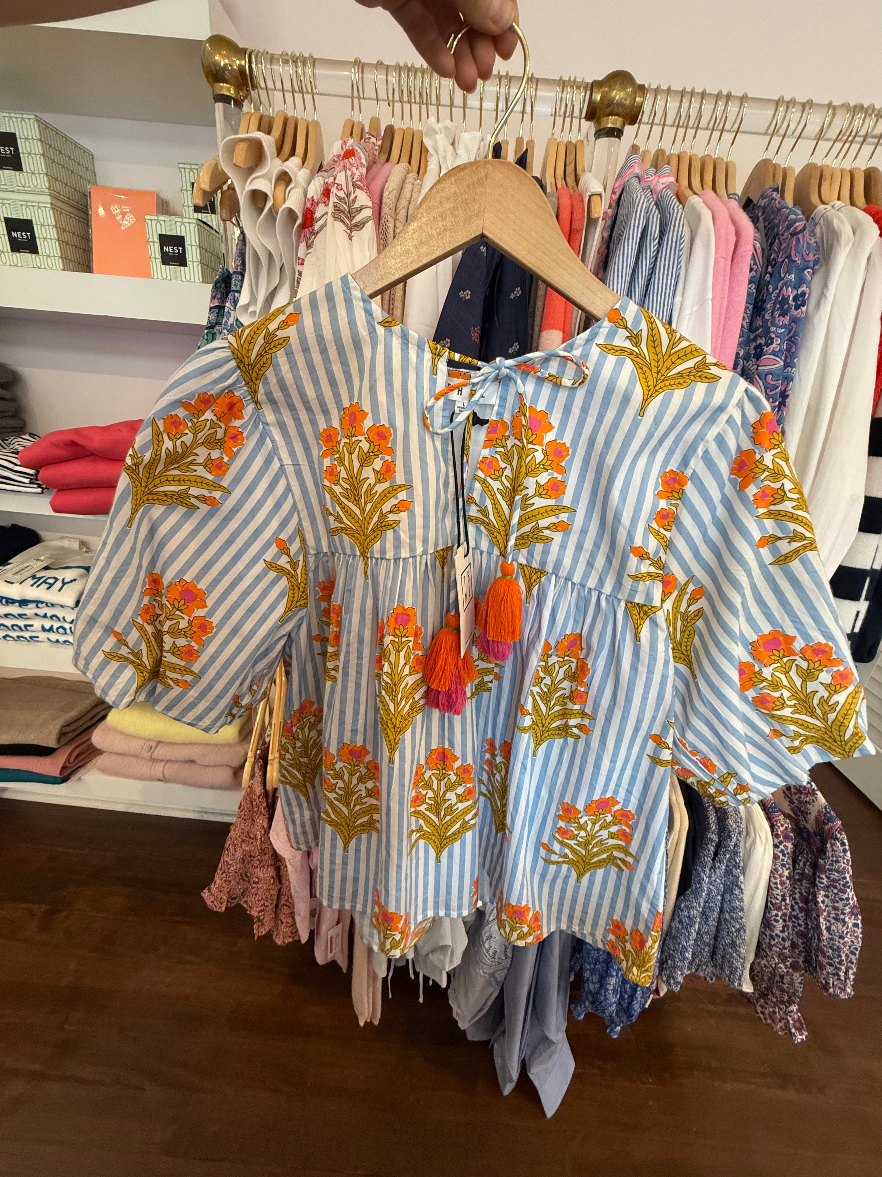 Puff Sleeve Floral Striped Top, Blue