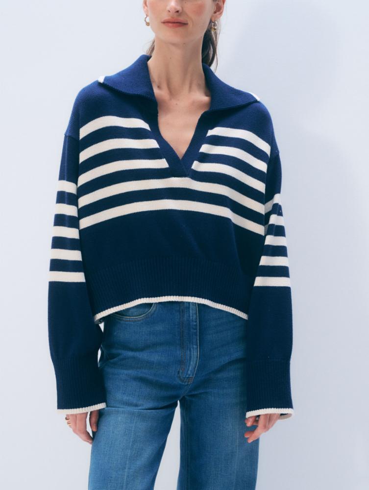 Varsity Cotton Striped Polo, Navy/White