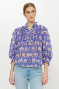 Ruffle Front Button Blouse, Trento Cobalt