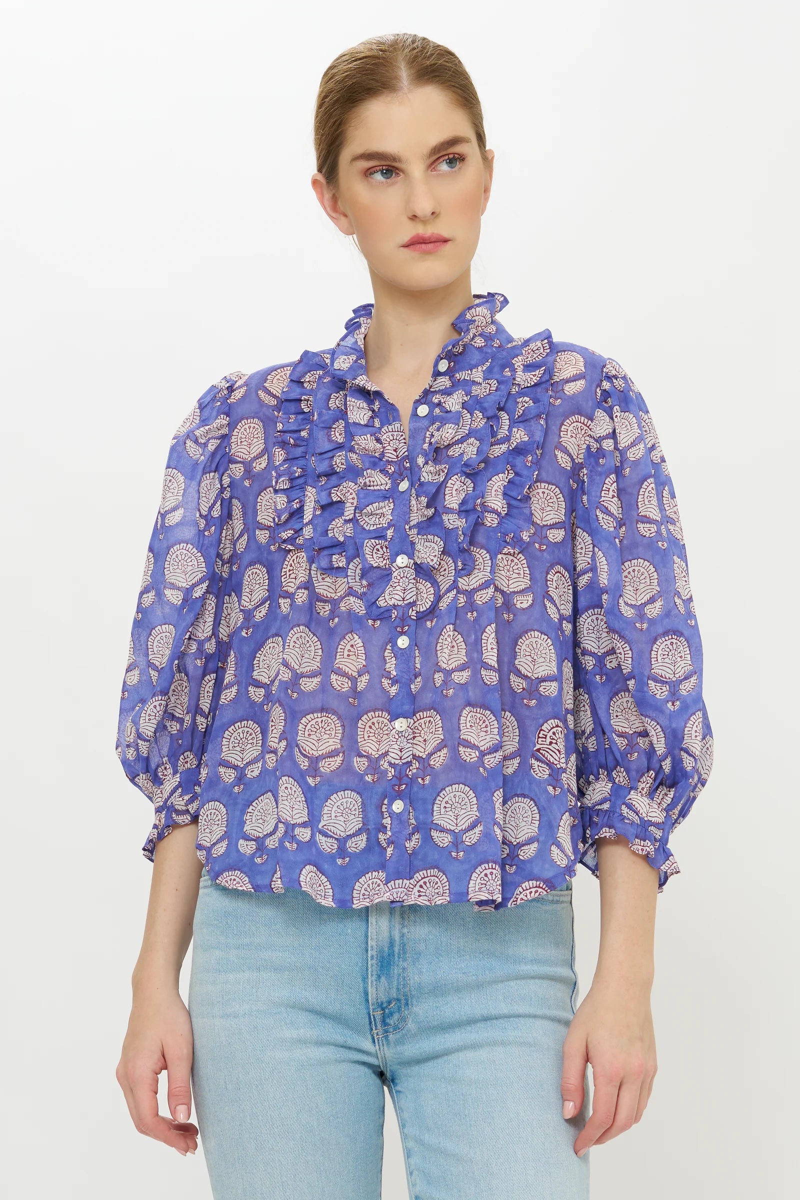 Ruffle Front Button Blouse, Trento Cobalt