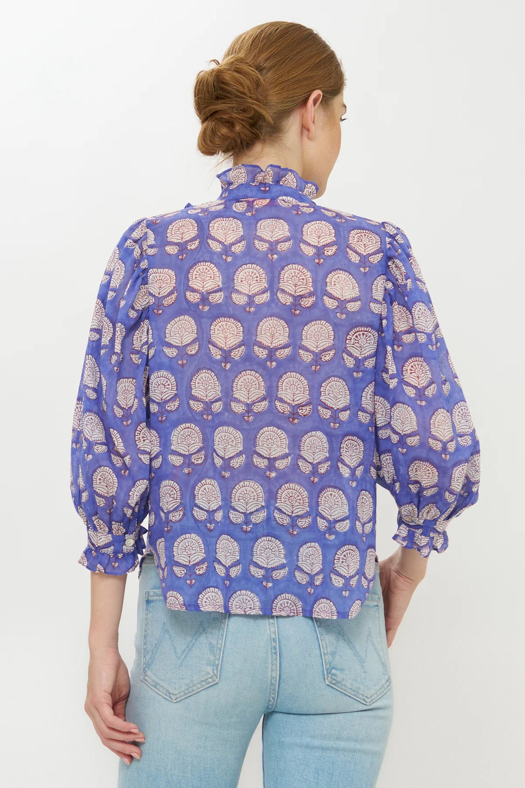 Ruffle Front Button Blouse, Trento Cobalt