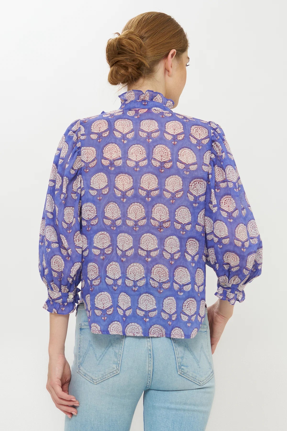 Ruffle Front Button Blouse, Trento Cobalt