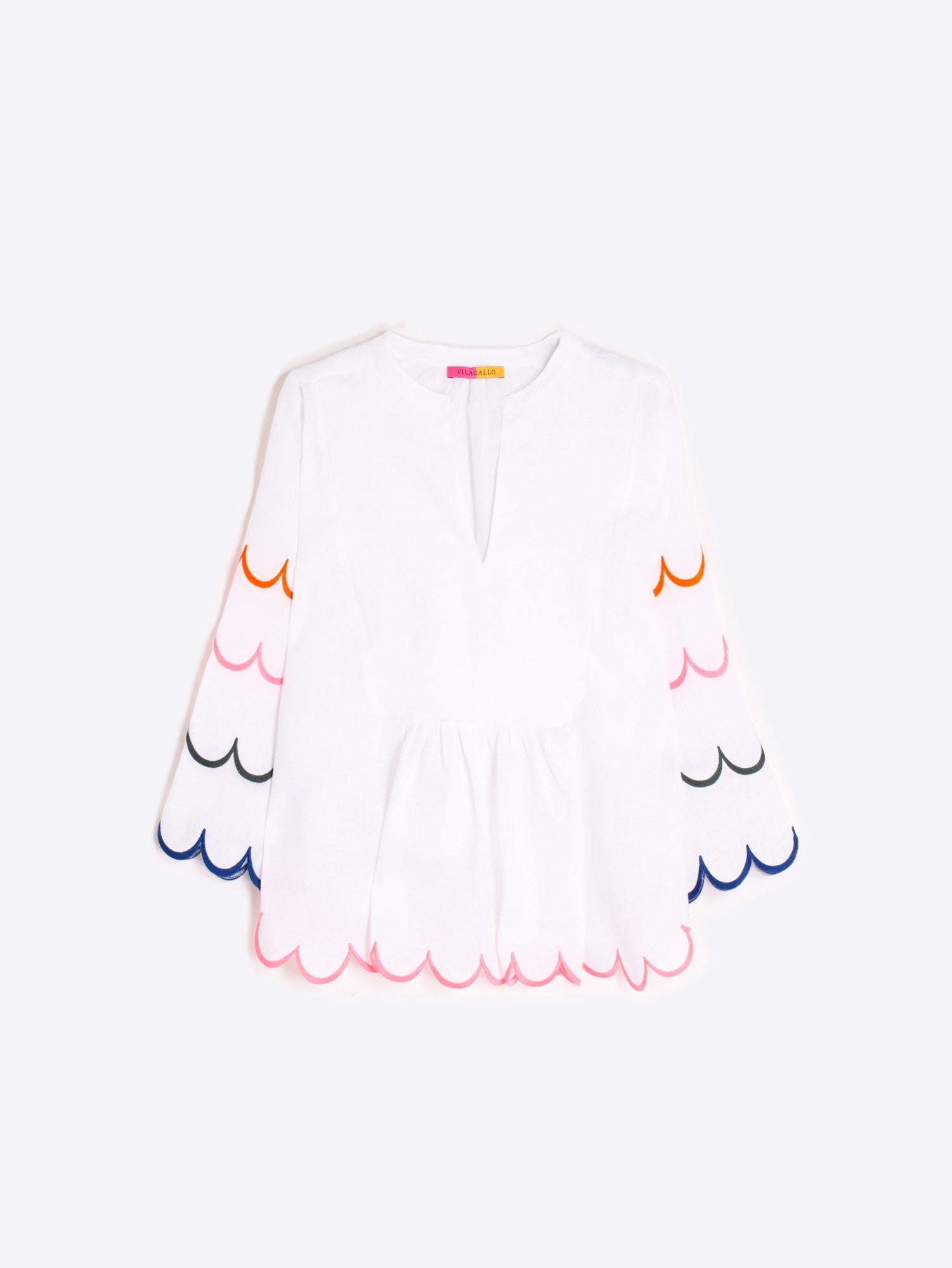White Blouse with Multicolor Scallop Trim