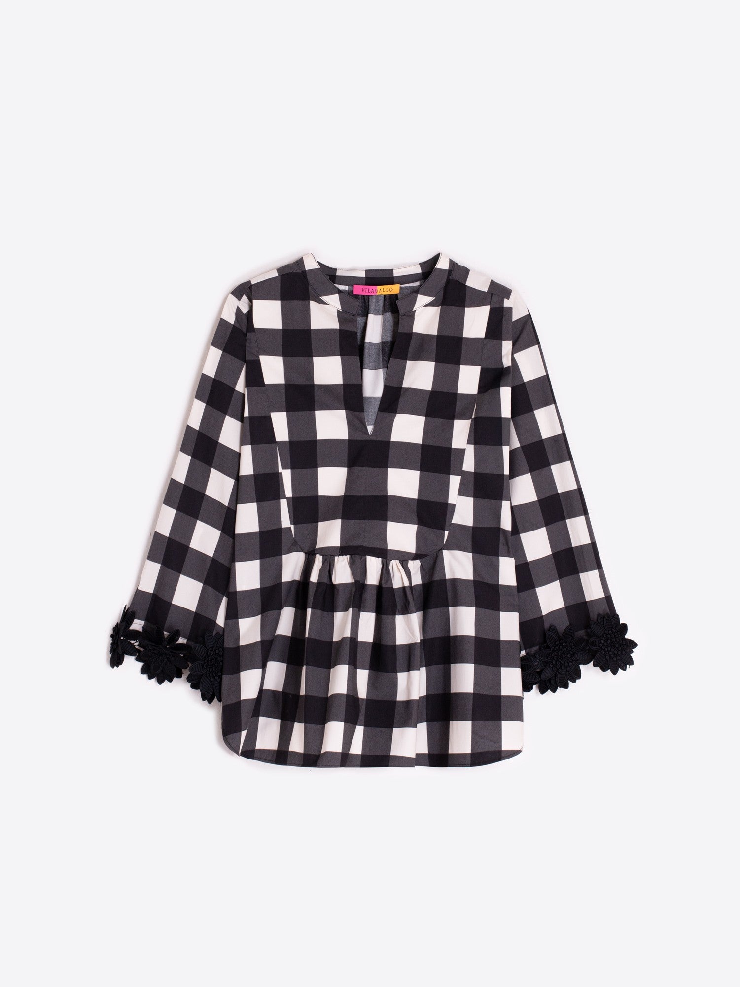 Black Check Blouse with Cuff Appliques