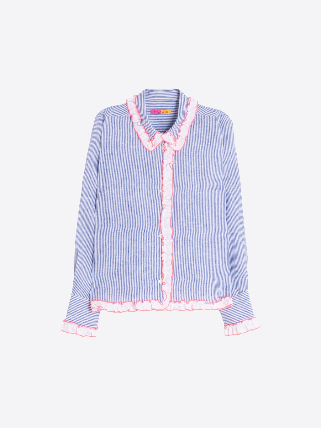 Blue Striped Shirt with Pink Ruffles