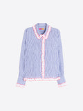 Blue Striped Shirt with Pink Ruffles