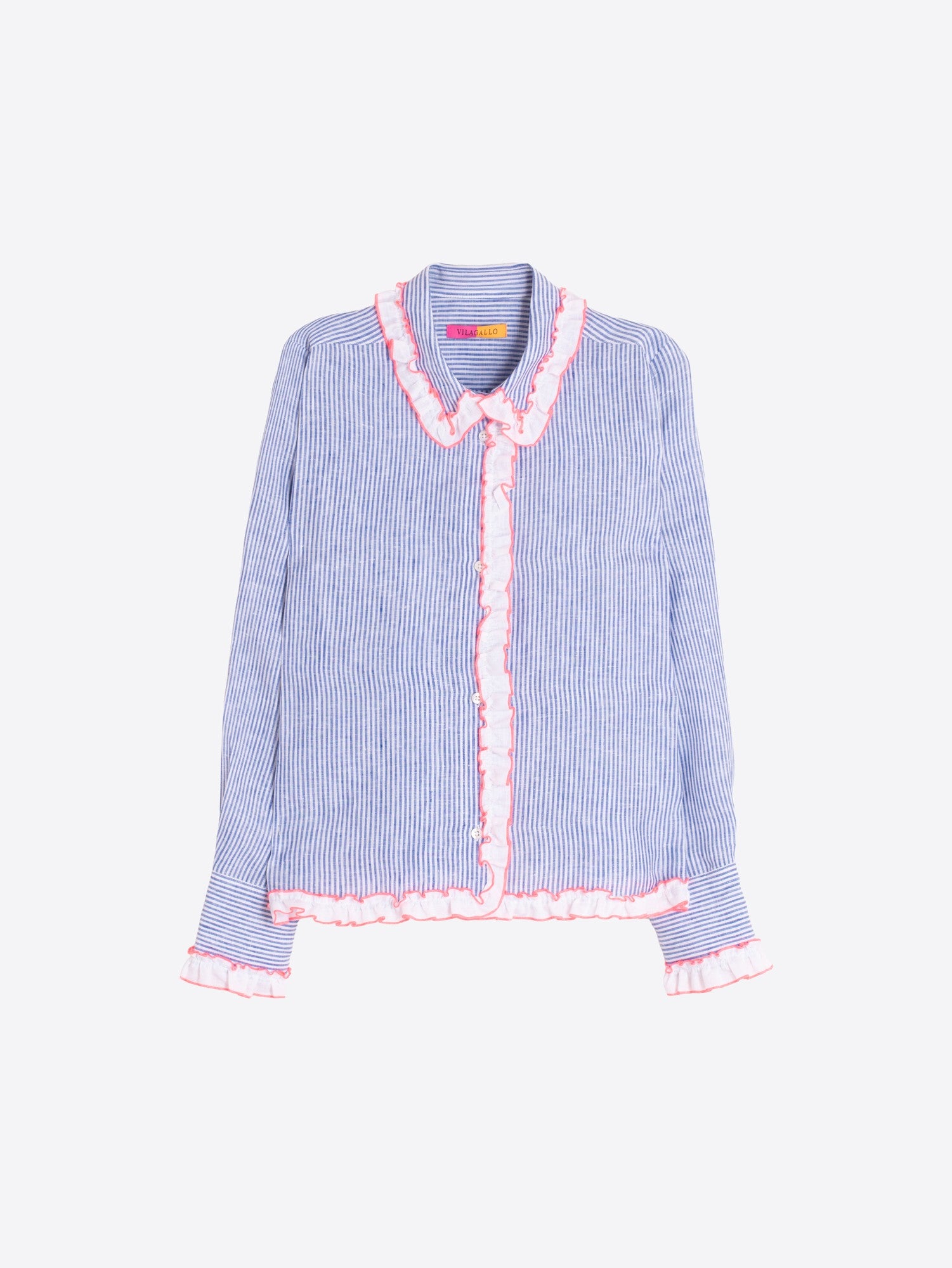 Blue Striped Shirt with Pink Ruffles