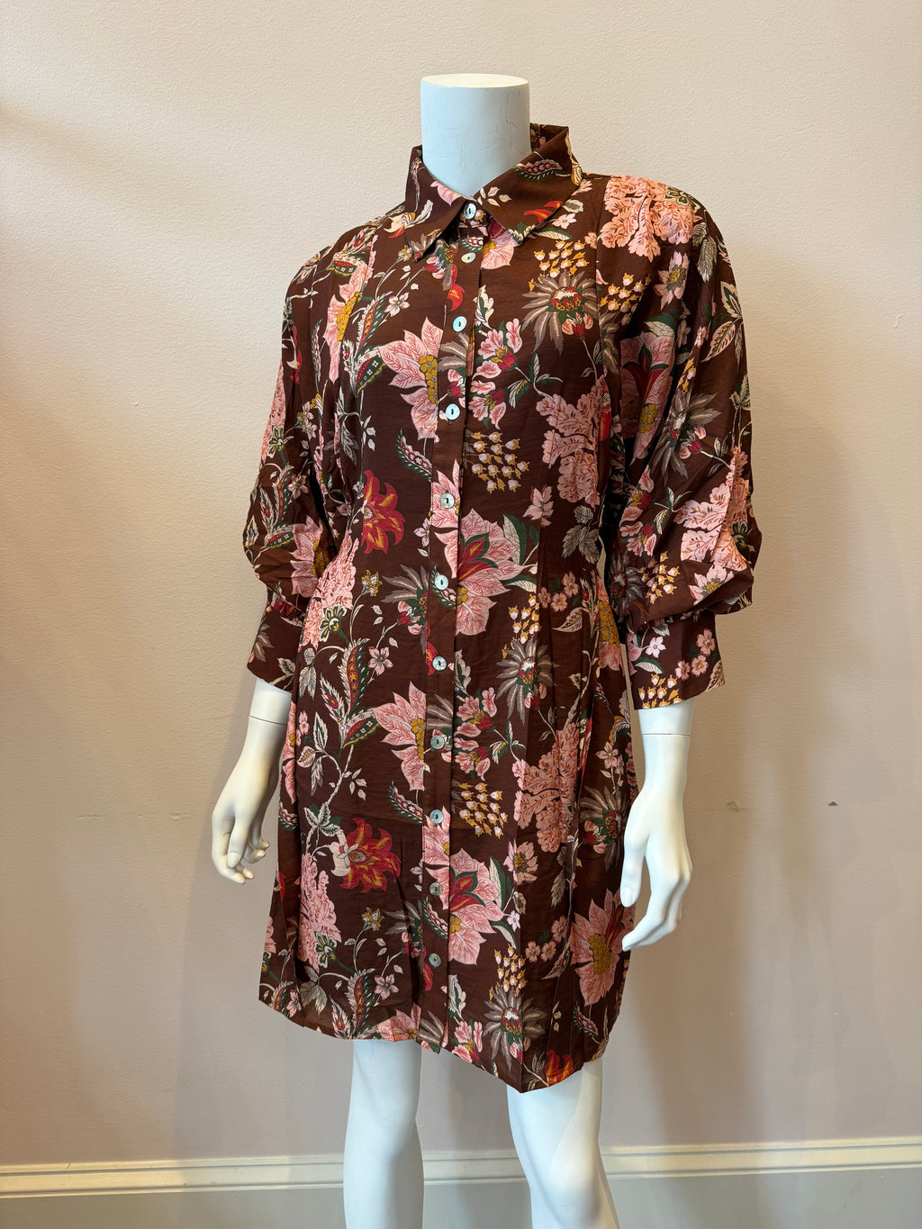 Long Sleeve Floral Pattern Button Down Dress, Brown
