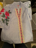 Puff Sleeve Striped Embroidery Detail Top, Blue