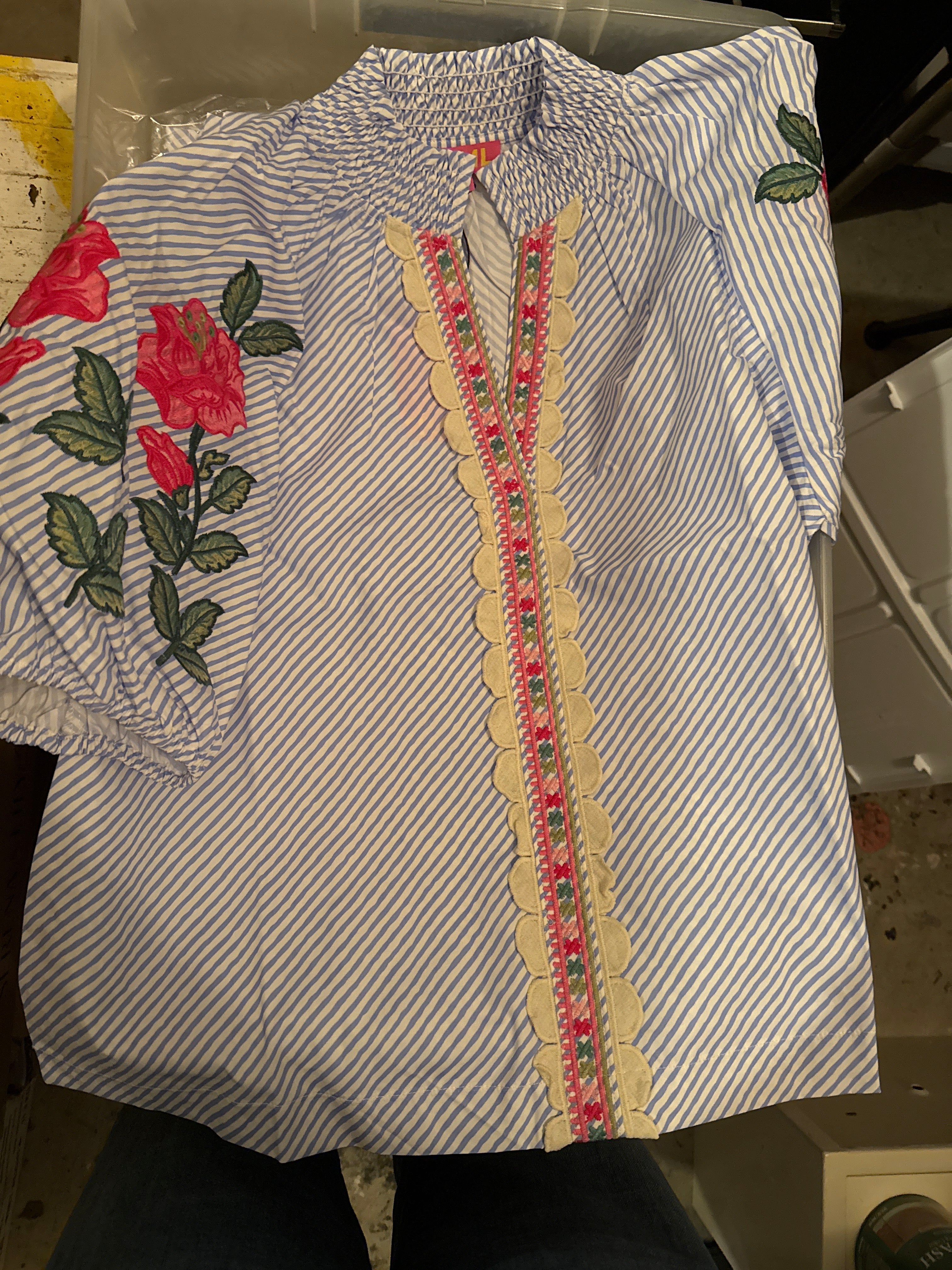 Puff Sleeve Striped Embroidery Detail Top, Blue
