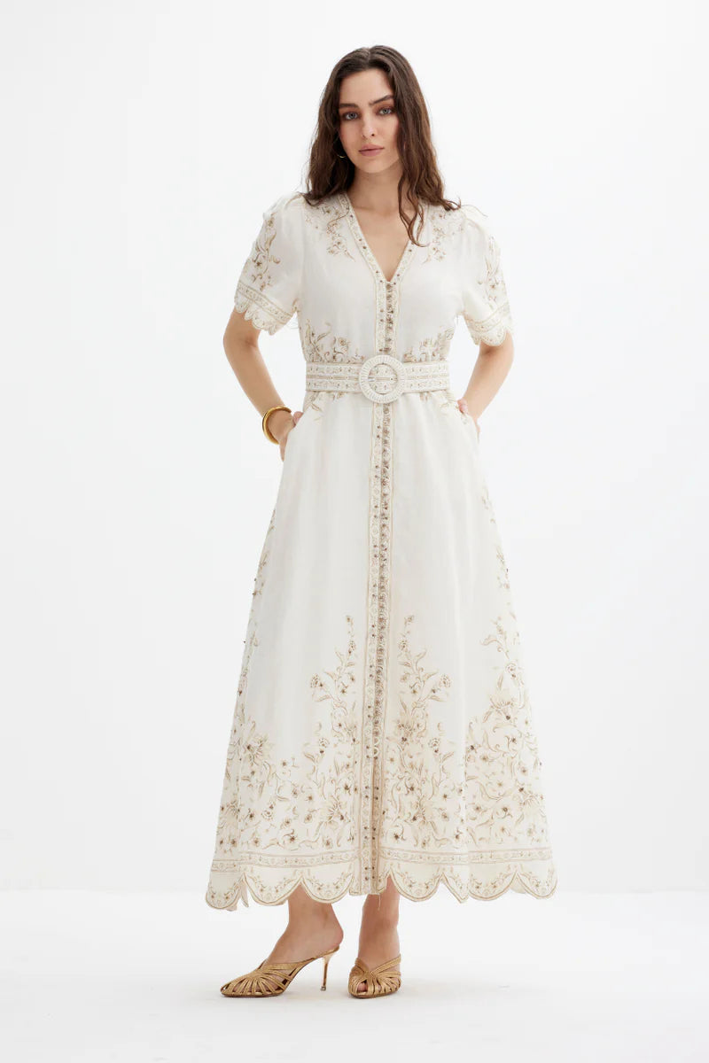 Ameira Dress, Papyrus with Green