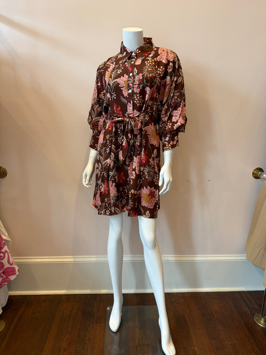 Long Sleeve Floral Pattern Button Down Dress, Brown