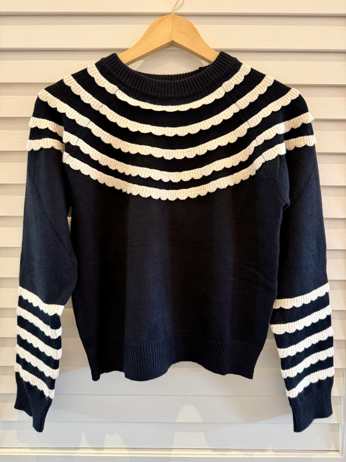 Crochet Ruffled Detail Sweater, Black & Cream