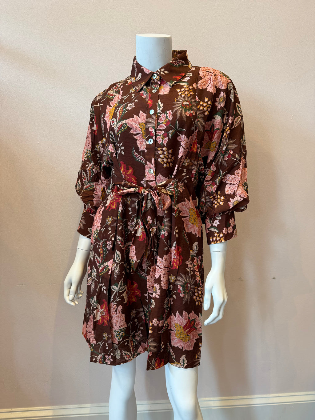 Long Sleeve Floral Pattern Button Down Dress, Brown