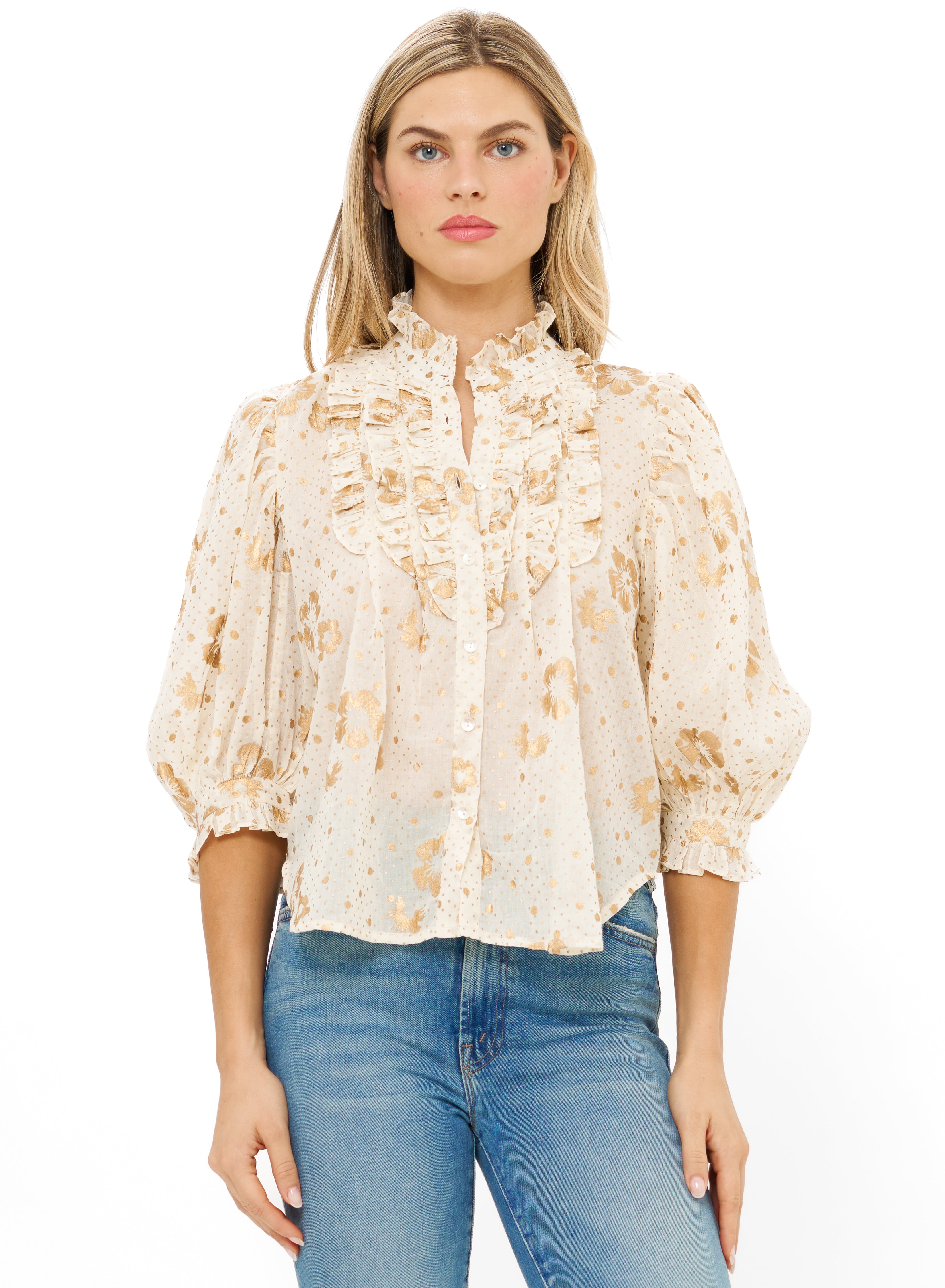 Ruffle Front Button Blouse Carlin Cream