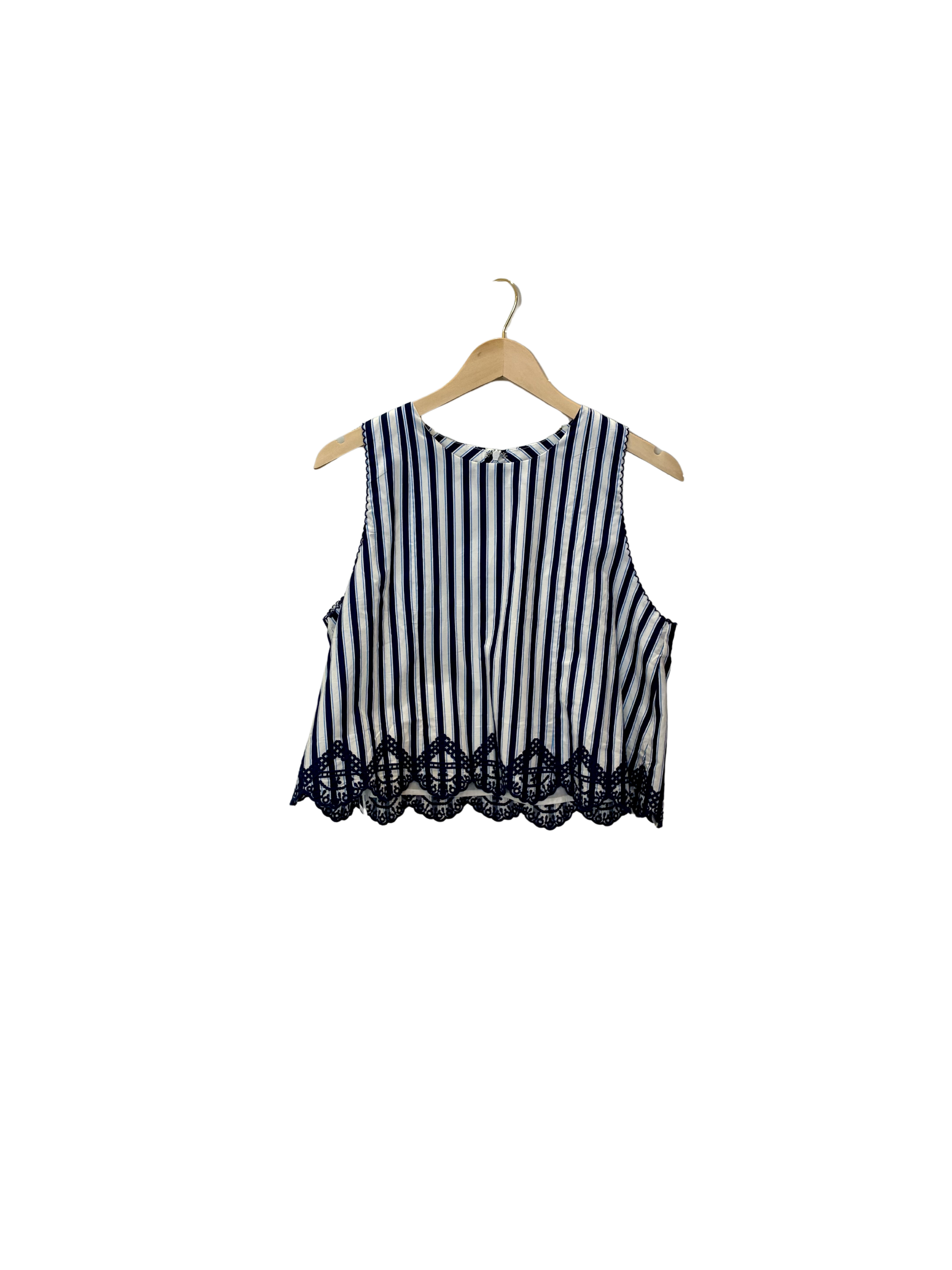 Sleeveless Striped Top w/ Embroidered Hem, Navy/White
