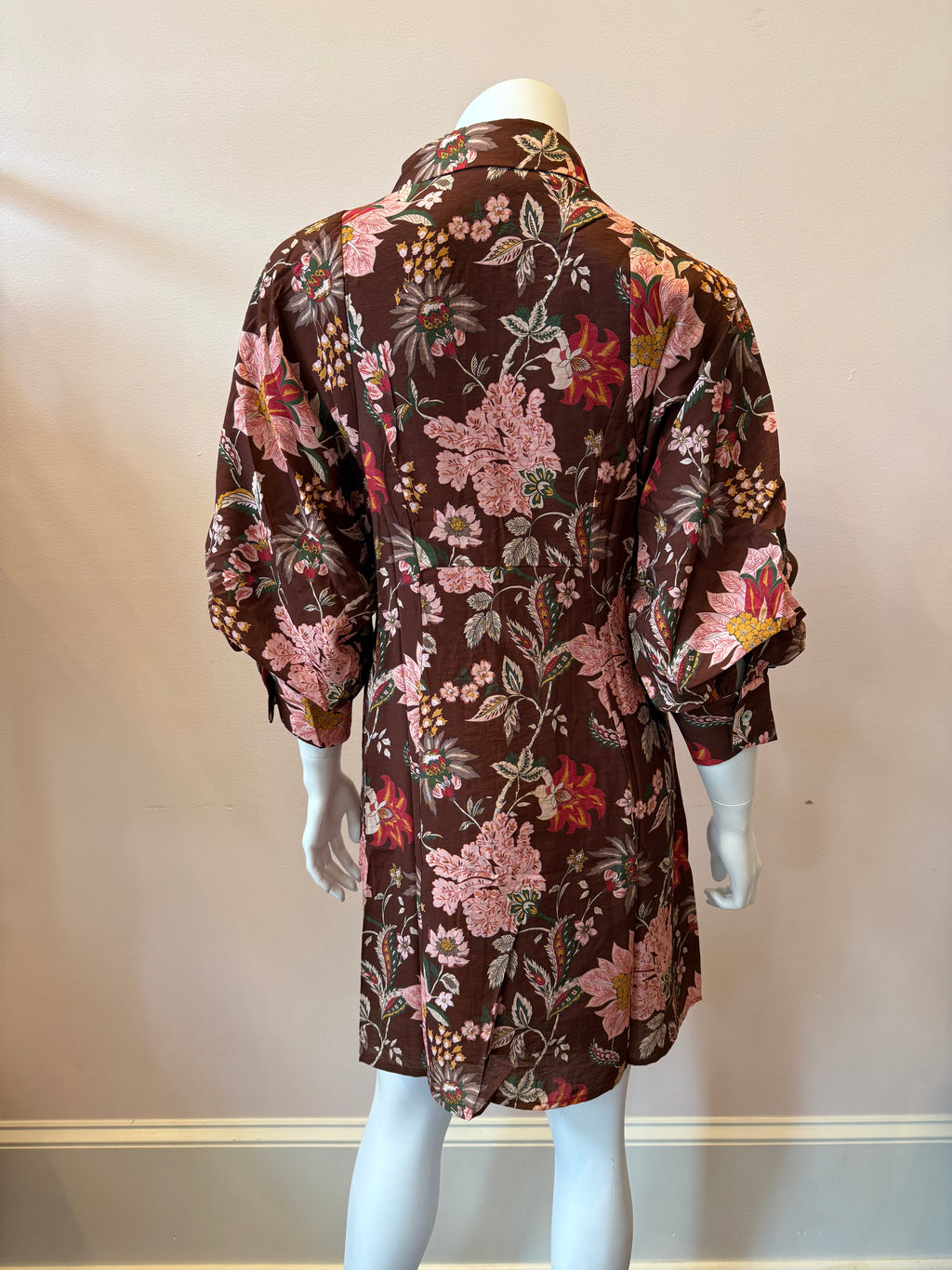 Long Sleeve Floral Pattern Button Down Dress, Brown