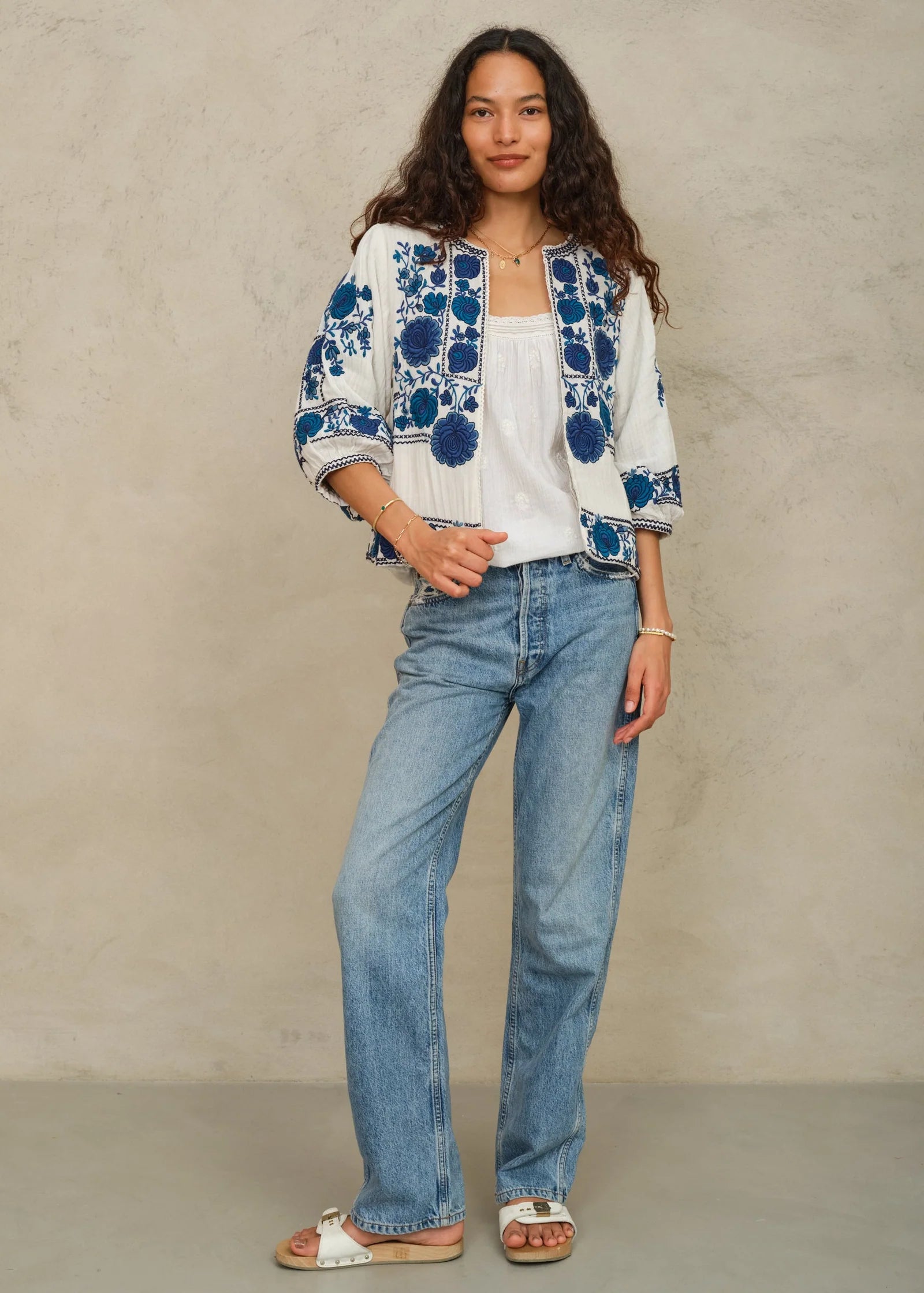 Greta Embroidered Jacket, Ecru & Blue