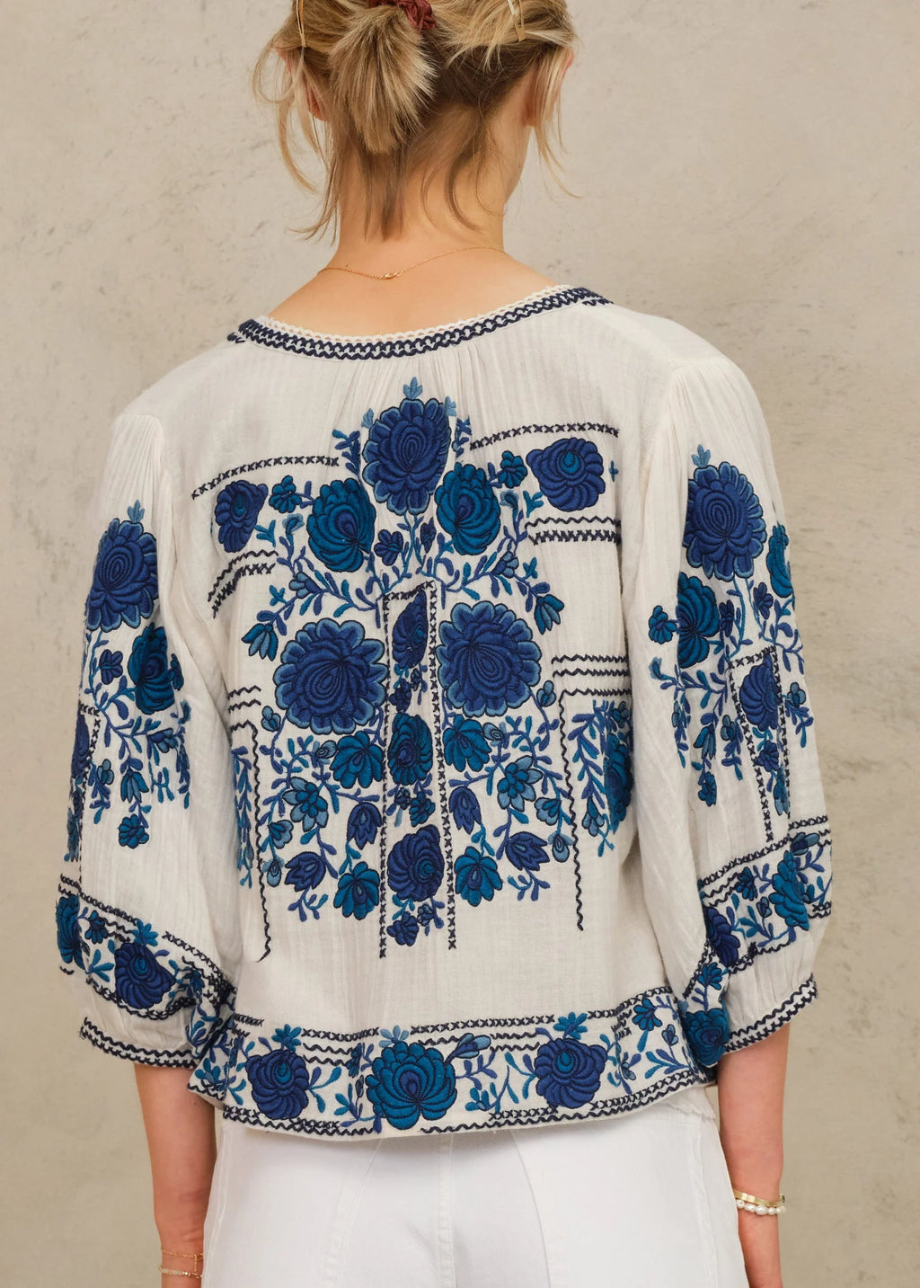 Greta Embroidered Jacket, Ecru & Blue