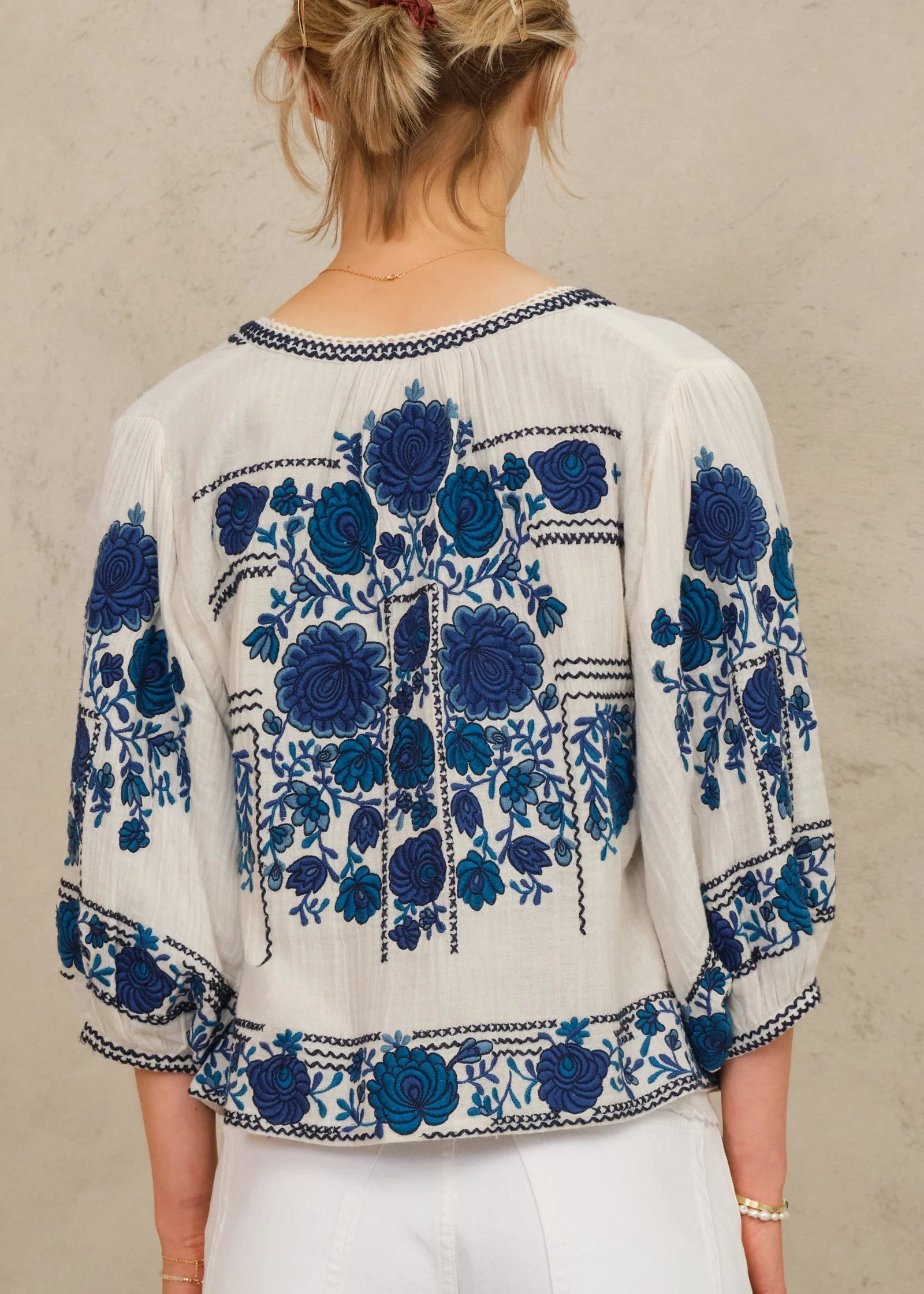 Greta Embroidered Jacket, Ecru & Blue