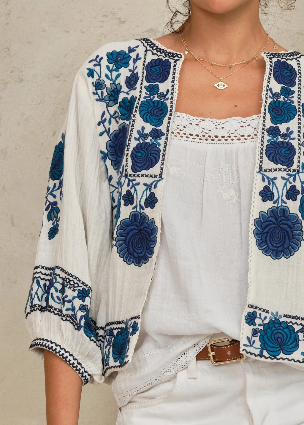 Greta Embroidered Jacket, Ecru & Blue