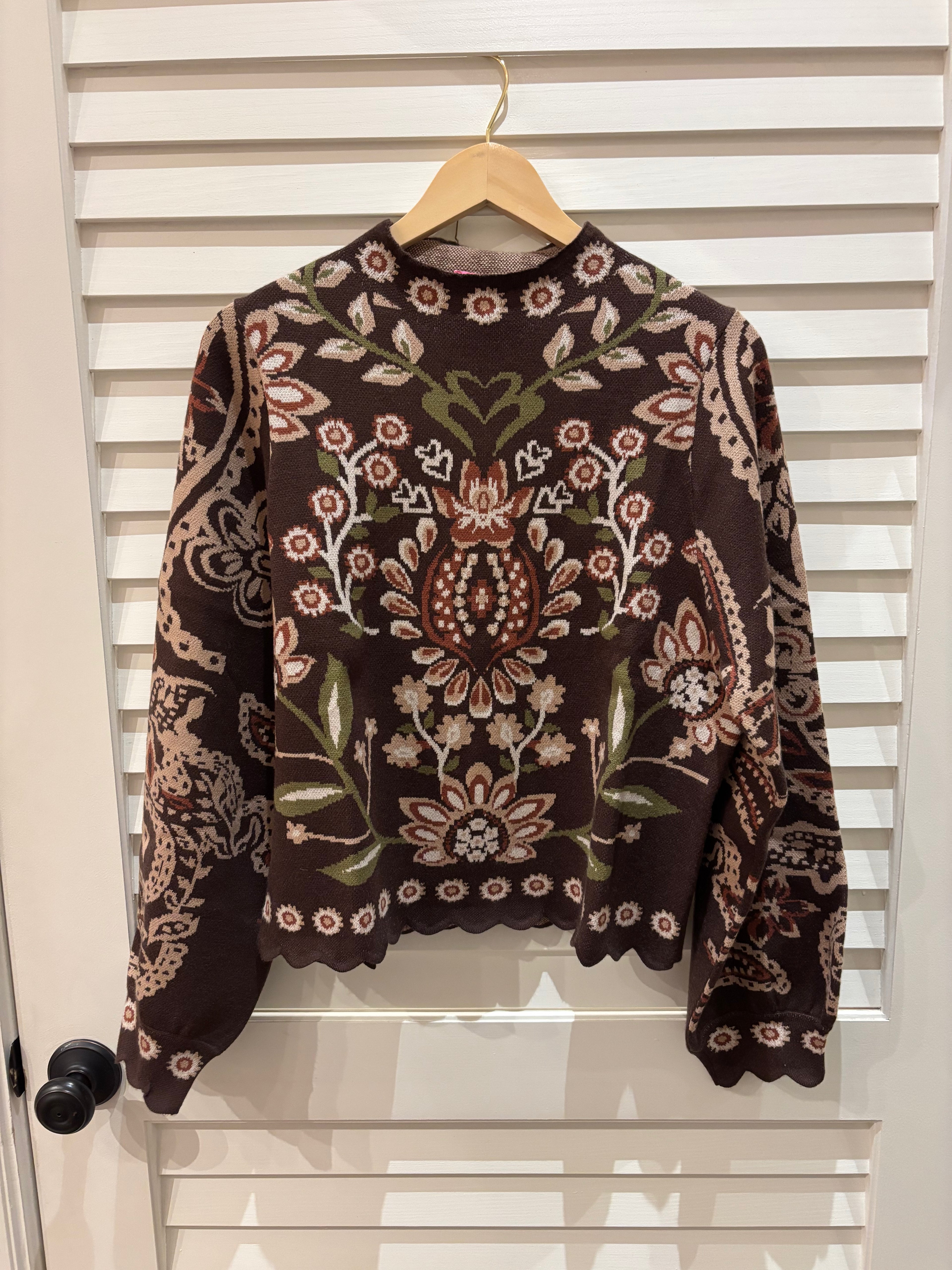 Long Sleeve Patterned Knitted Sweater, Brown