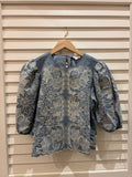 Short Sleeve Embroidery Detail Suede Top, Light Blue