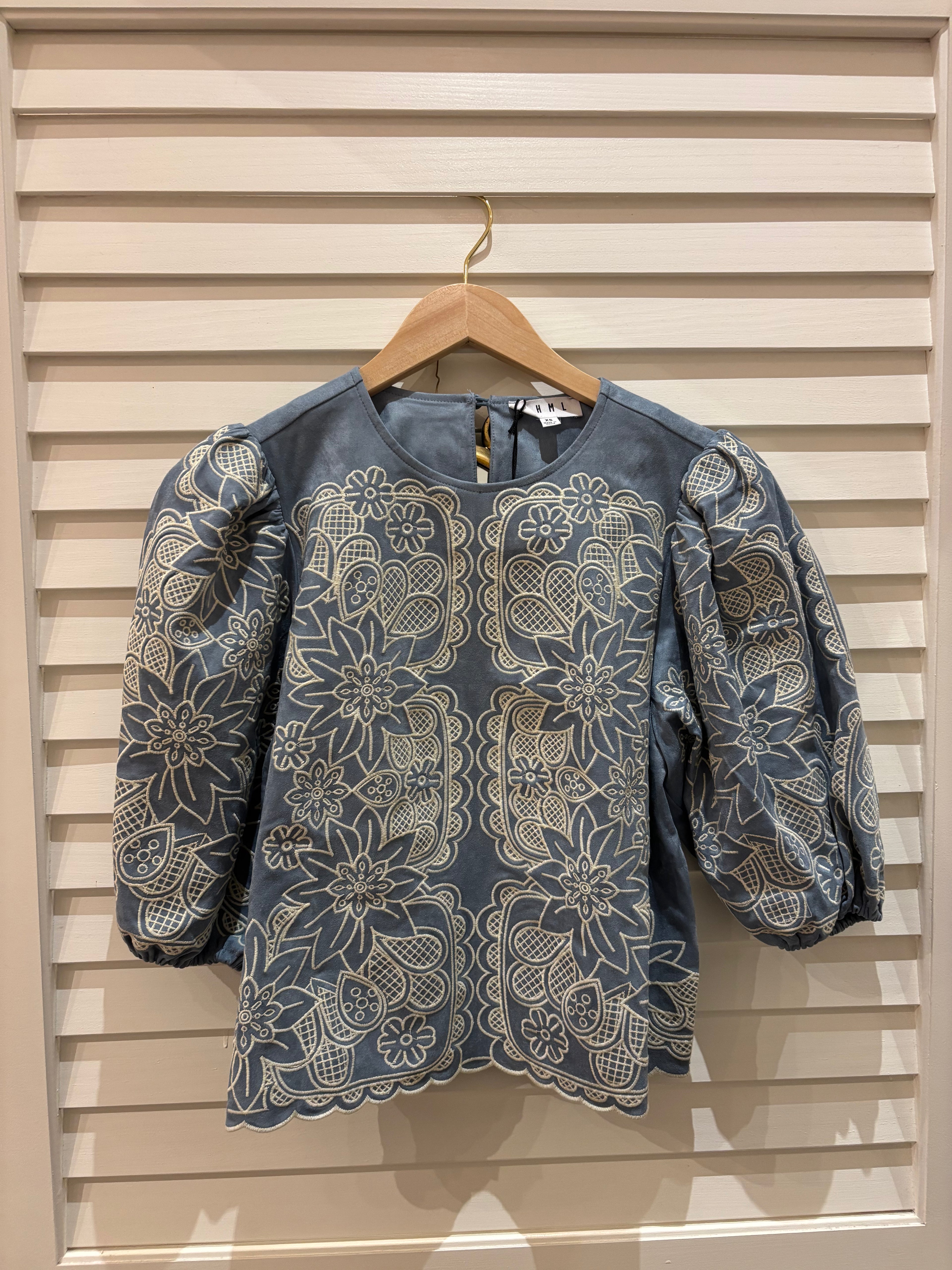 Short Sleeve Embroidery Detail Suede Top, Light Blue