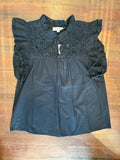Flutter Sleeve Top w/ Embellished Yoke, Black