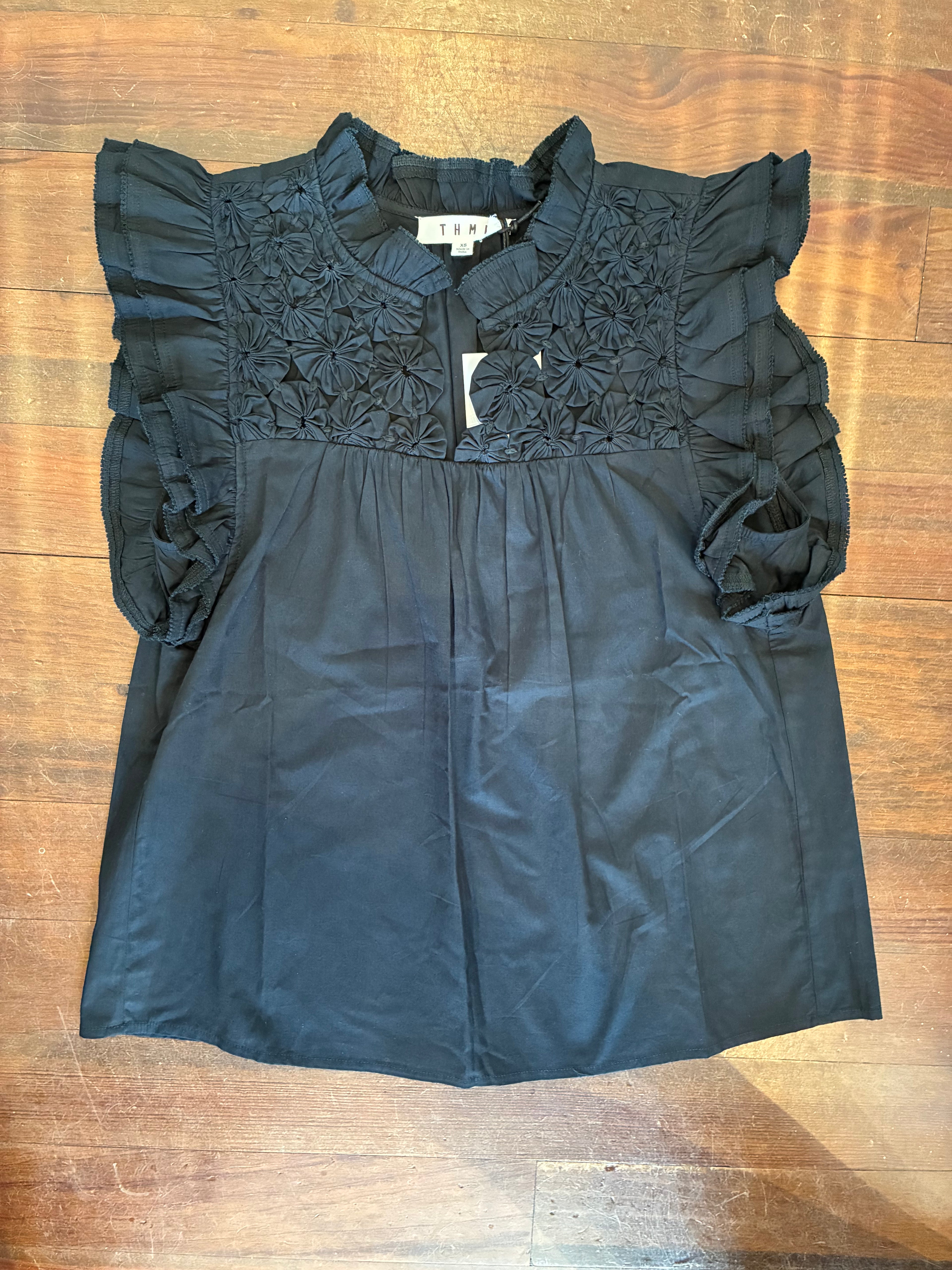 Flutter Sleeve Top w/ Embellished Yoke, Black