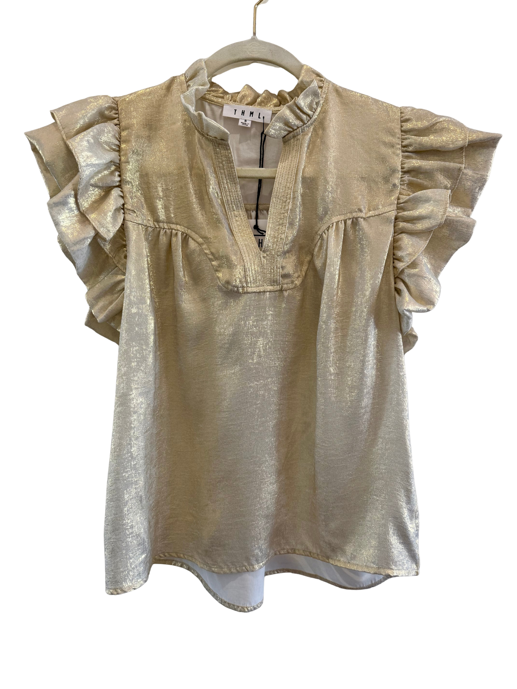 Flutter Sleeve Shimmery V-Neck Top Gold