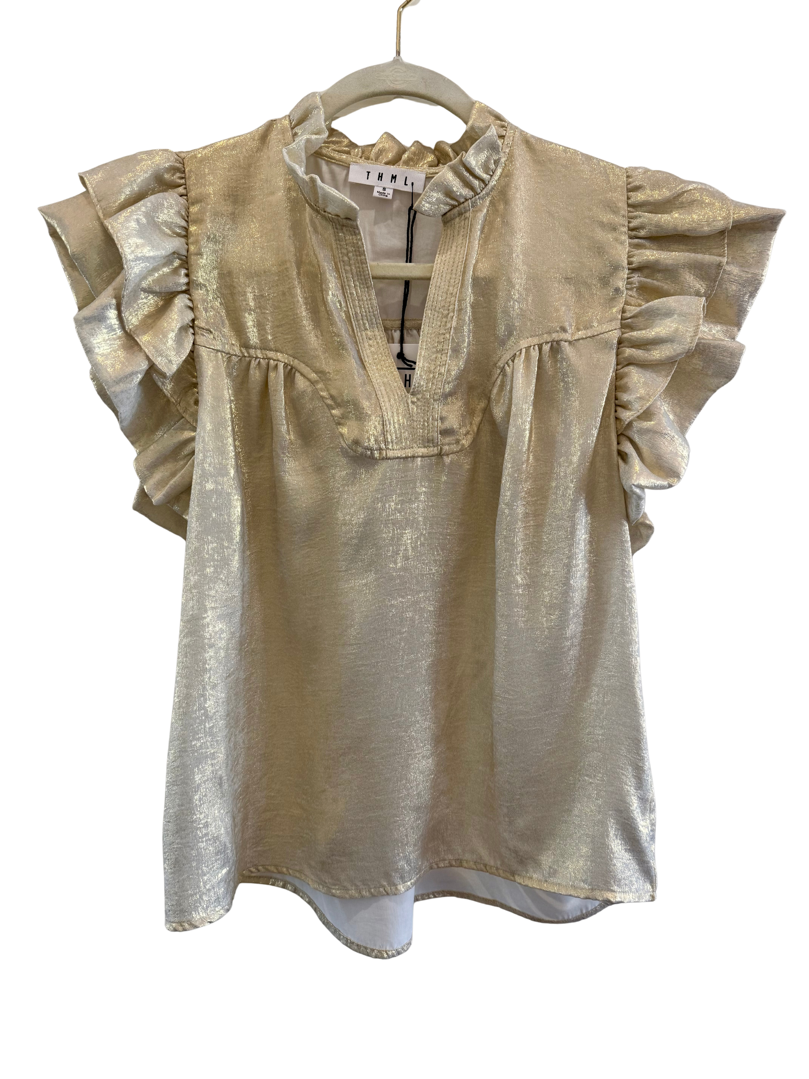 Flutter Sleeve Shimmery V-Neck Top Gold