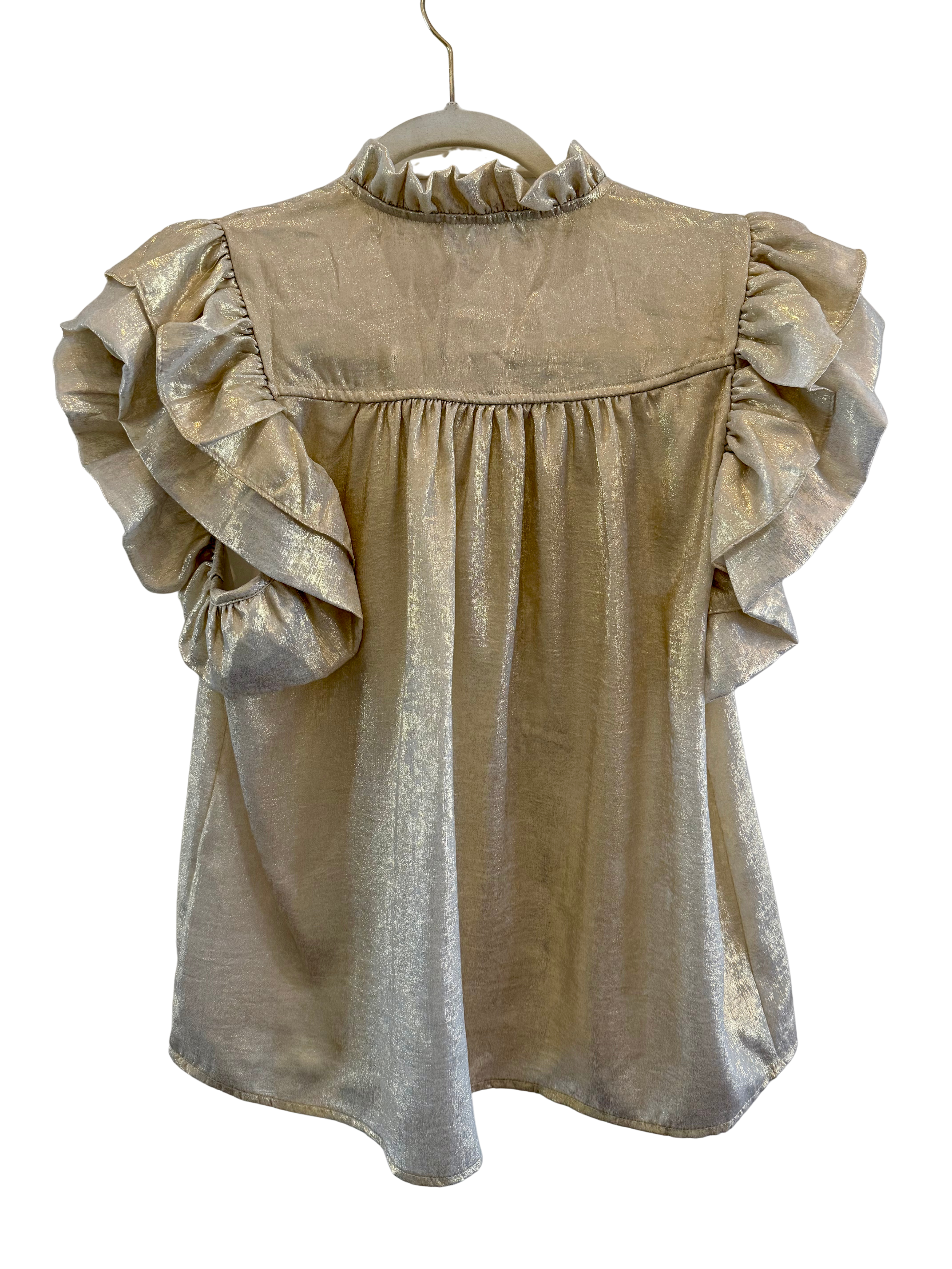 Flutter Sleeve Shimmery V-Neck Top Gold