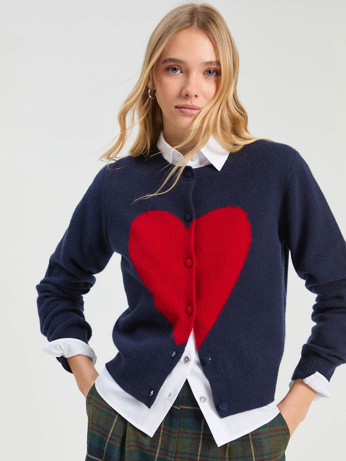 Heart Intarsia Cardigan, Navy & Red
