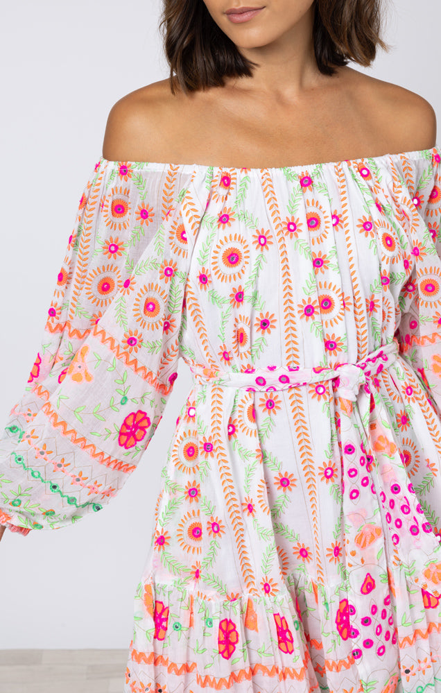 Mexican Print Boho Dress Neon