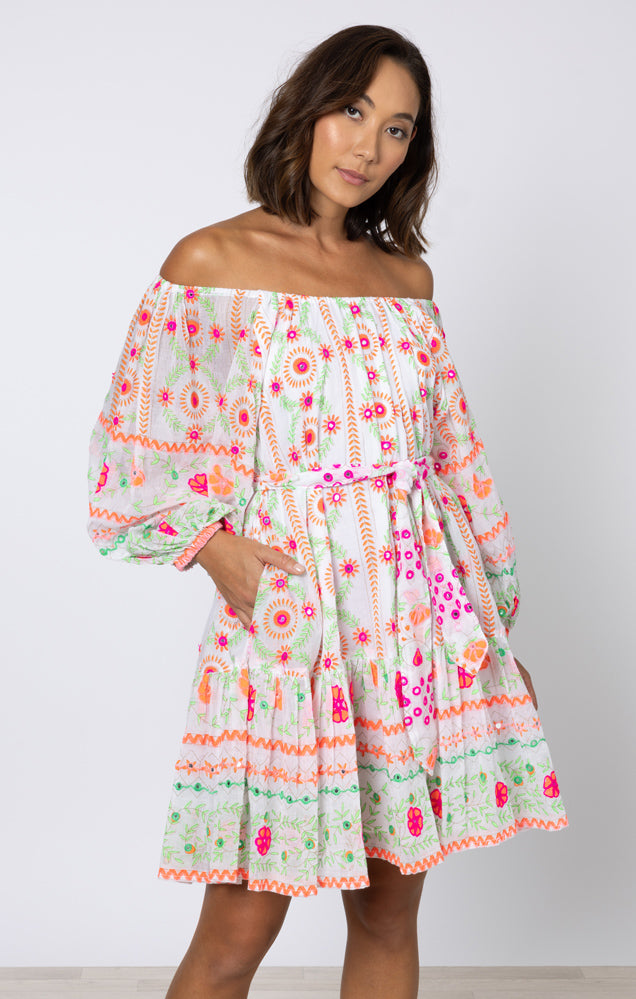 Mexican Print Boho Dress Neon