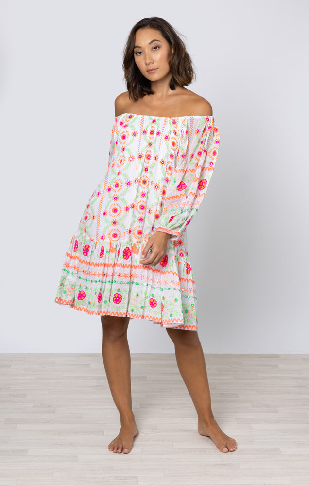 Mexican Print Boho Dress Neon