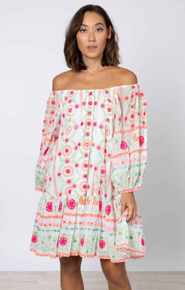 Mexican Print Boho Dress Neon