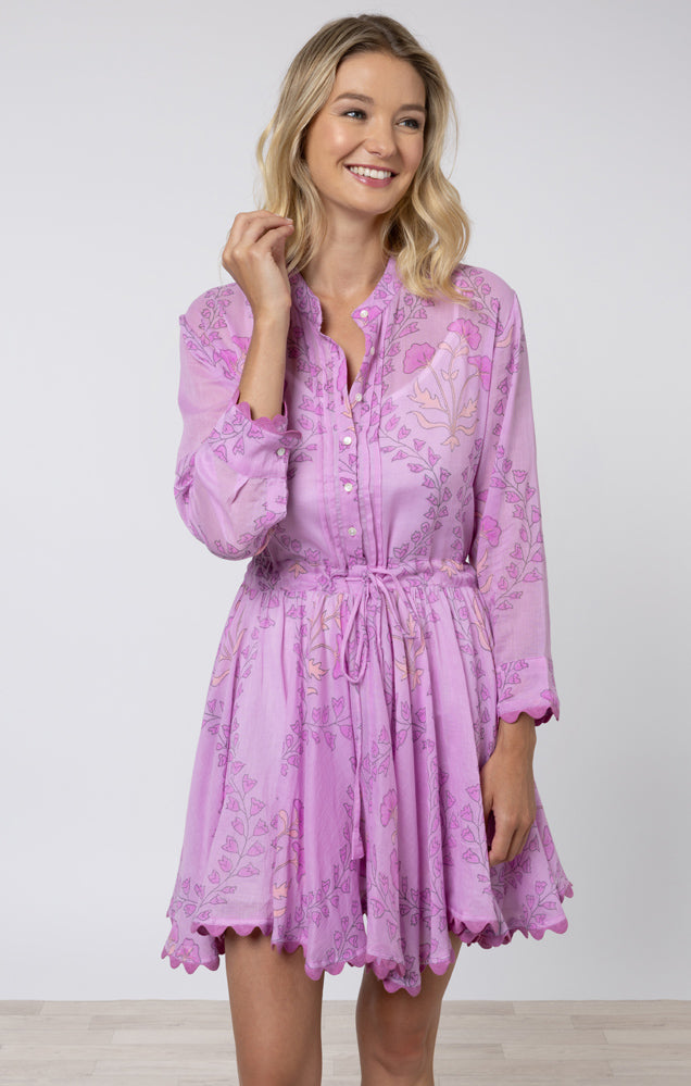 Gingko Print L/S Beach Dress w/ Ric Rac Trim