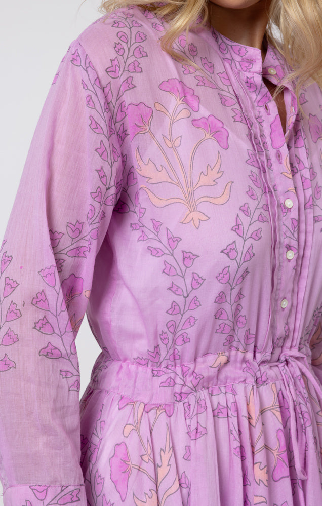 Gingko Print L/S Beach Dress w/ Ric Rac Trim