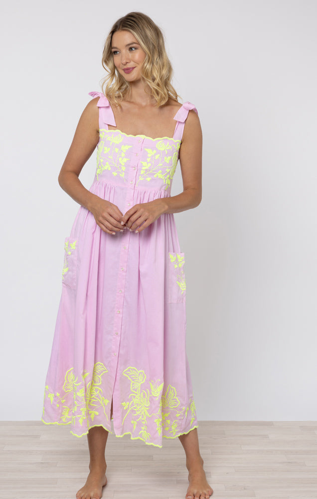 Butterfly Embroidered Tie Shoulder Dress