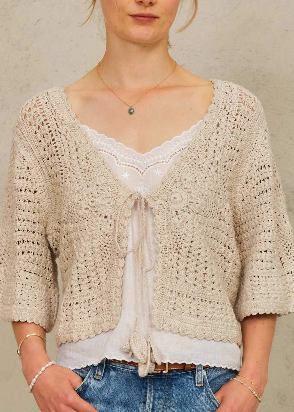 Margo Crochet Cropped Cardigan, Ecru