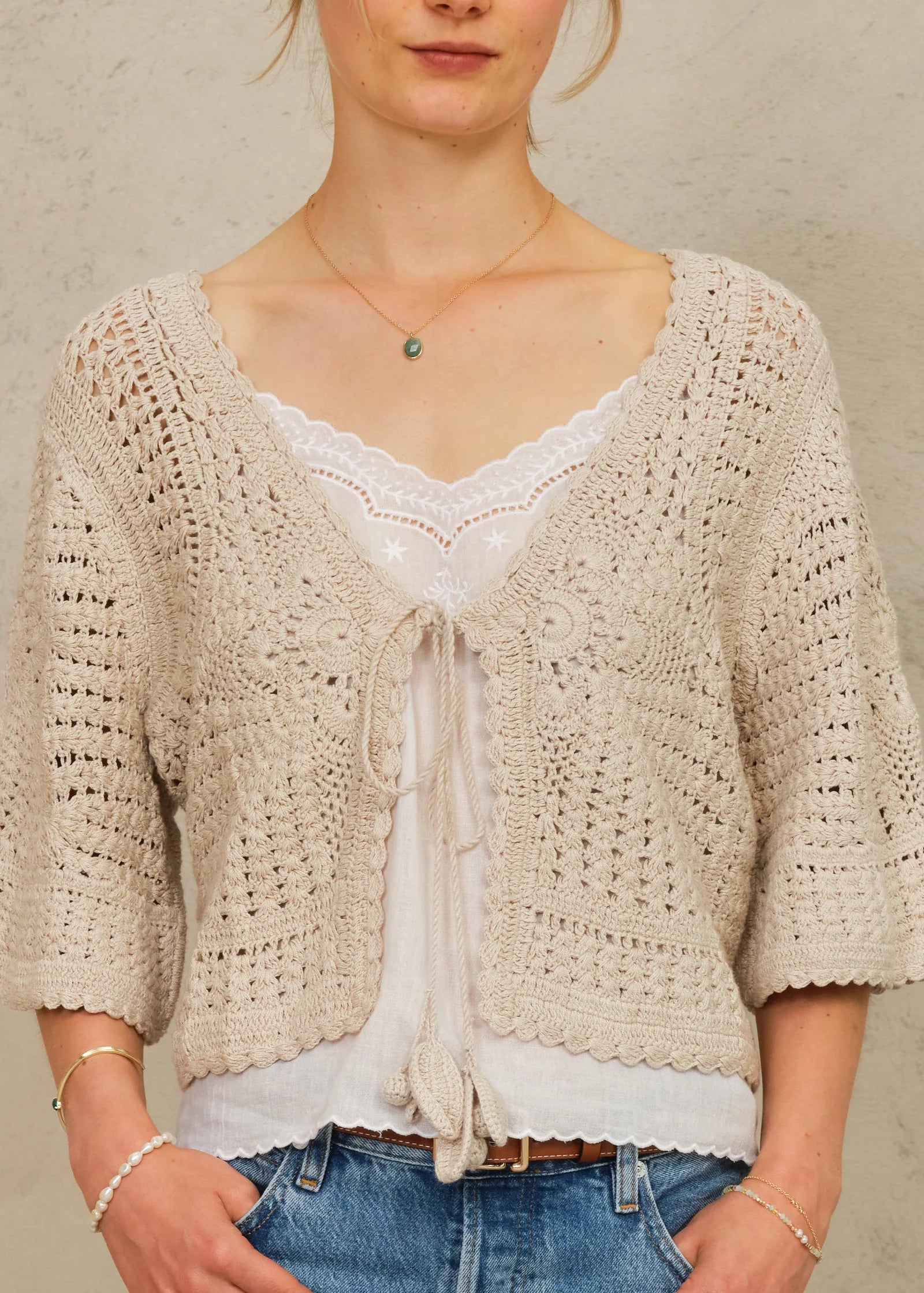 Margo Crochet Cropped Cardigan, Ecru