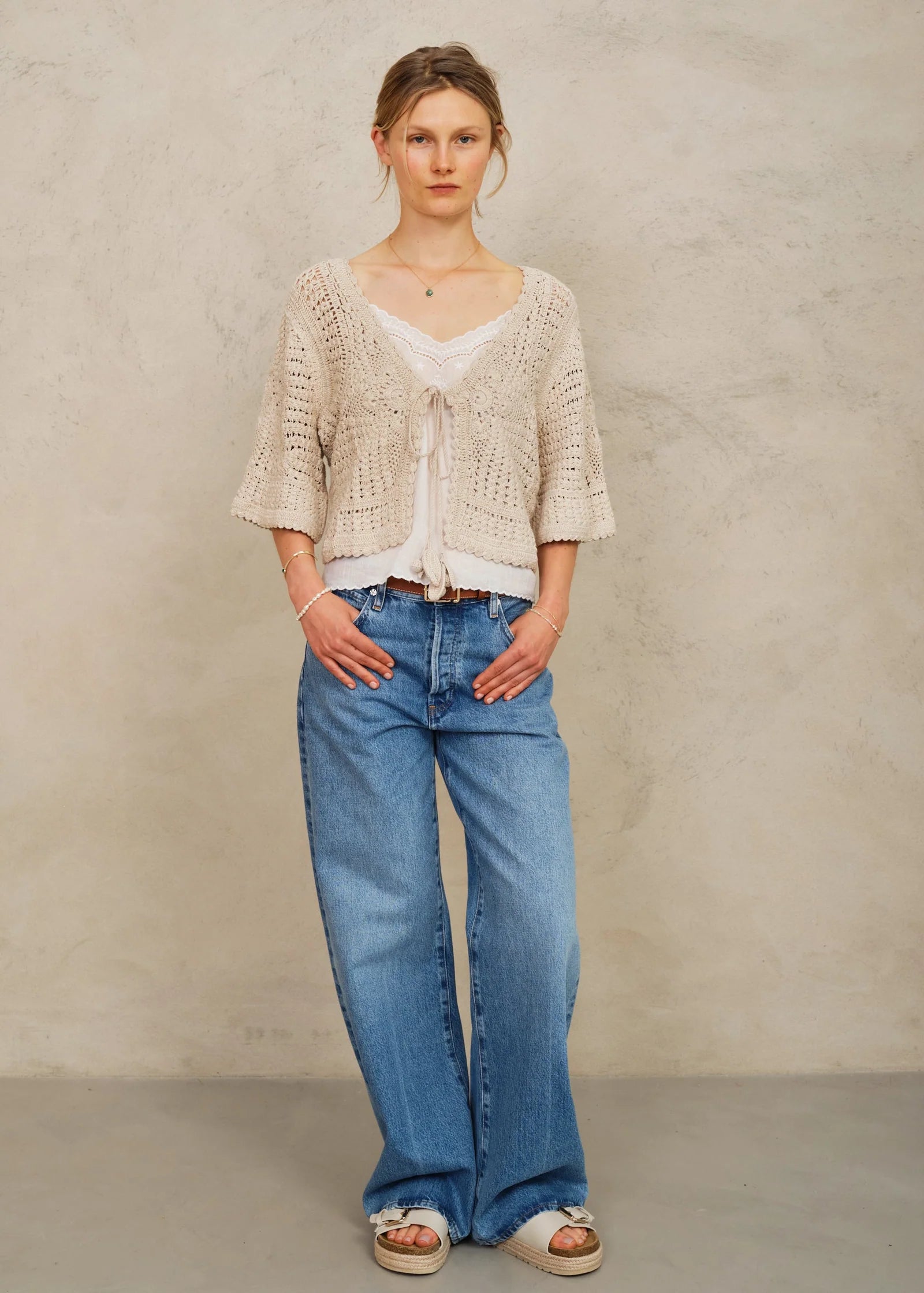 Margo Crochet Cropped Cardigan, Ecru