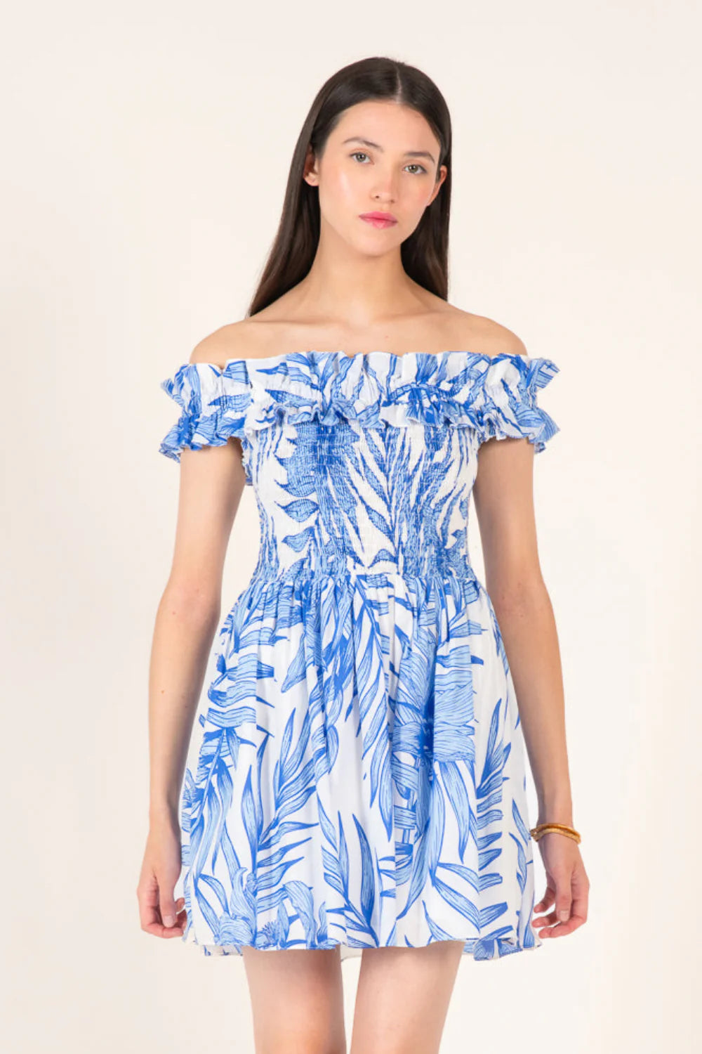 Mini Dress Amber, Blue Palm Leaf