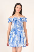 Mini Dress Amber, Blue Palm Leaf