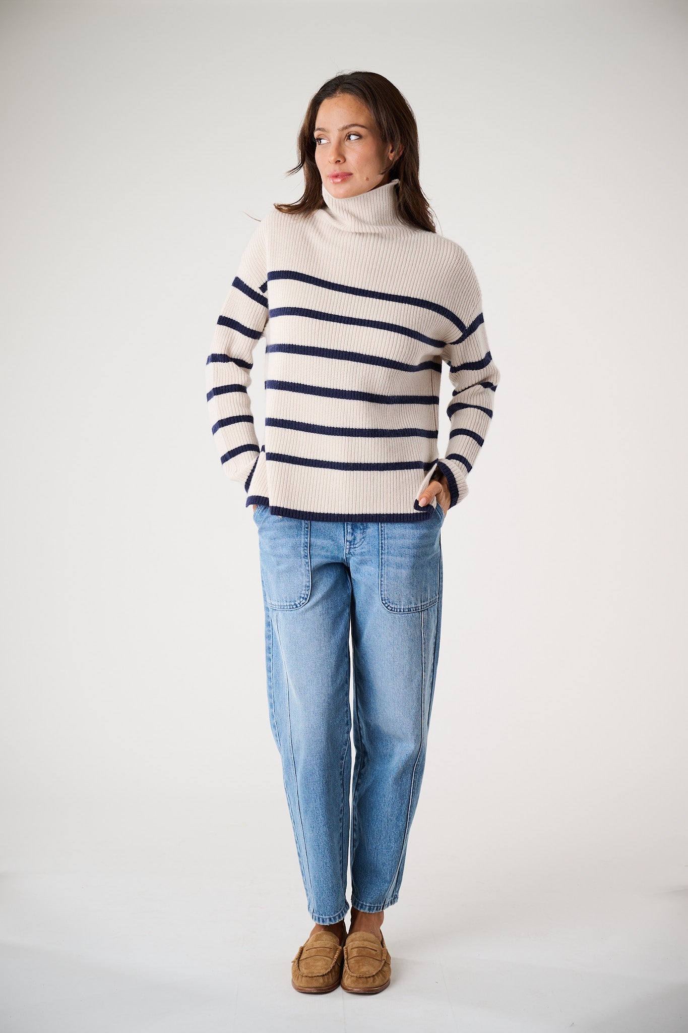 Martine Sweater, Ivory with Navy