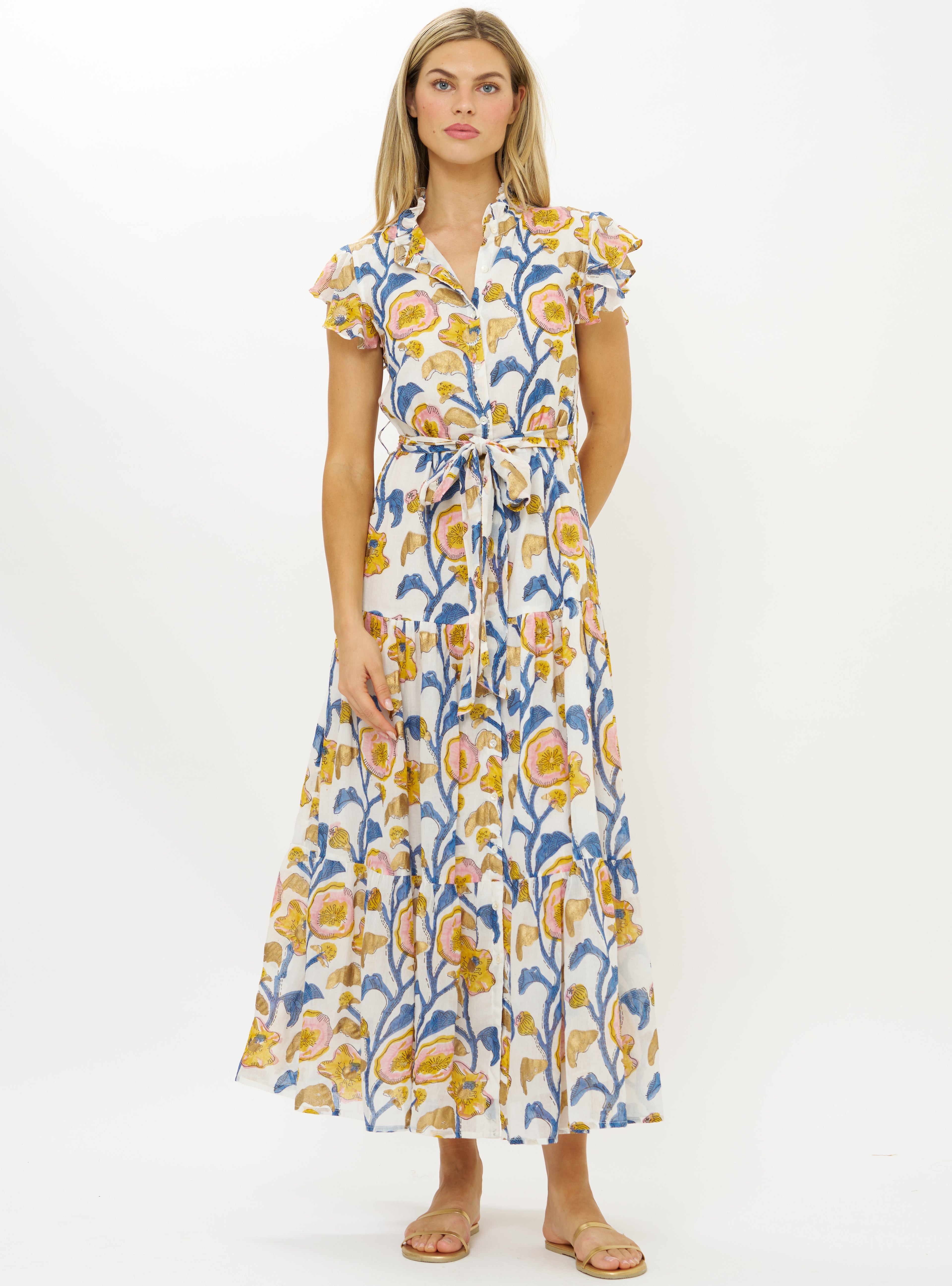 Ruffle Collar Button Maxi, Poppy Marigold