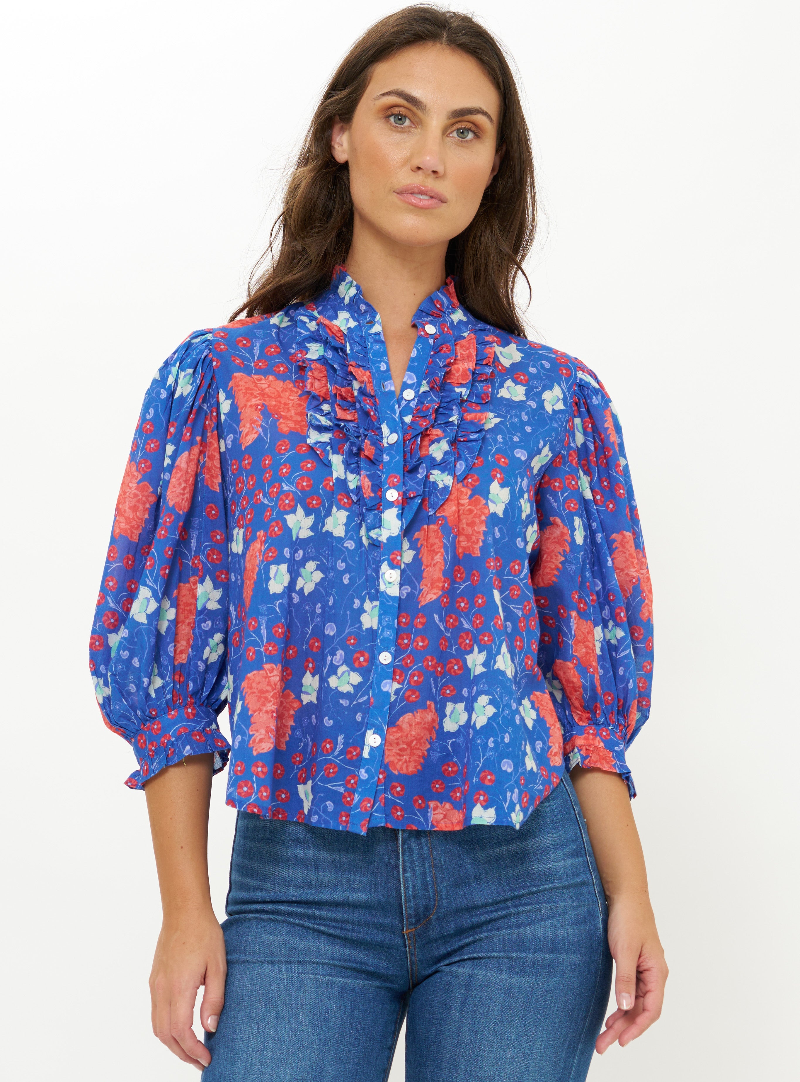 Ruffle Front Blouse, Fleur Blue